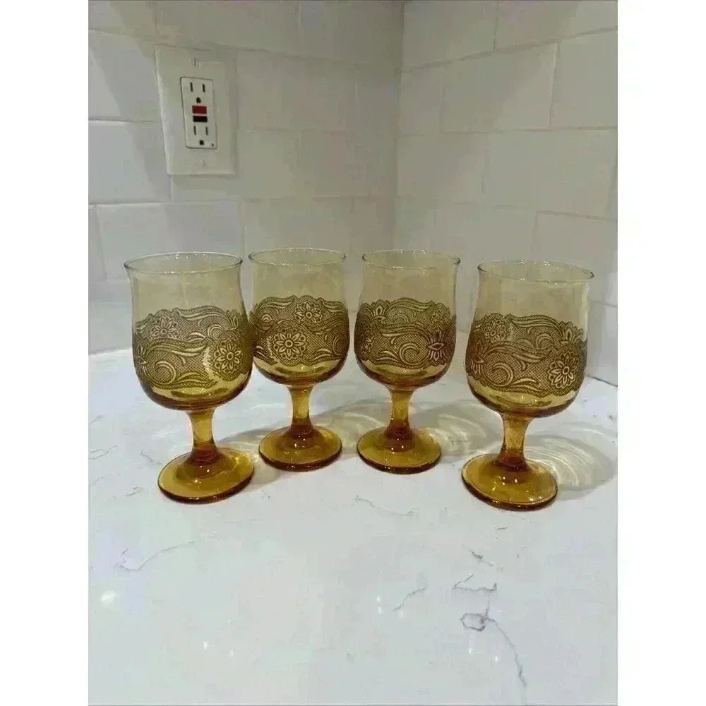 4 Vintage Libbey Americana Amber Stemmed Wine Glasses Goblets Embossed 8 Oz.